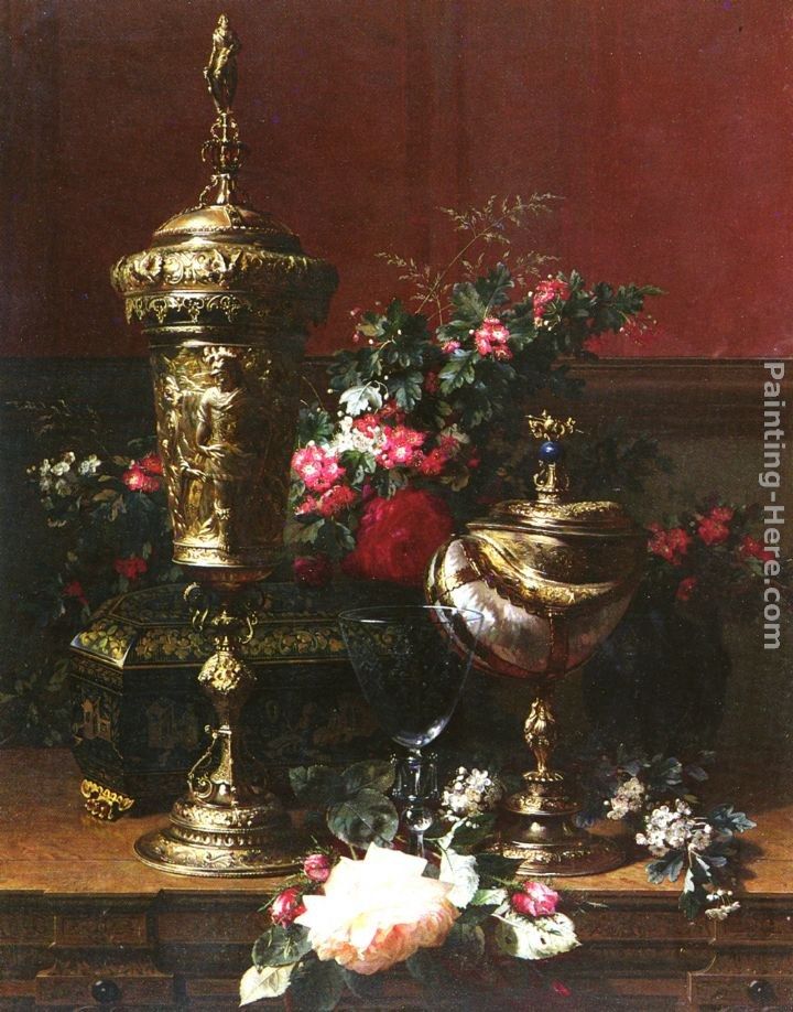 Jean-Baptiste Robie A Still Life With A German Cup, A Nautilus Cup, A Goblet An Cut Flowers On A Table
